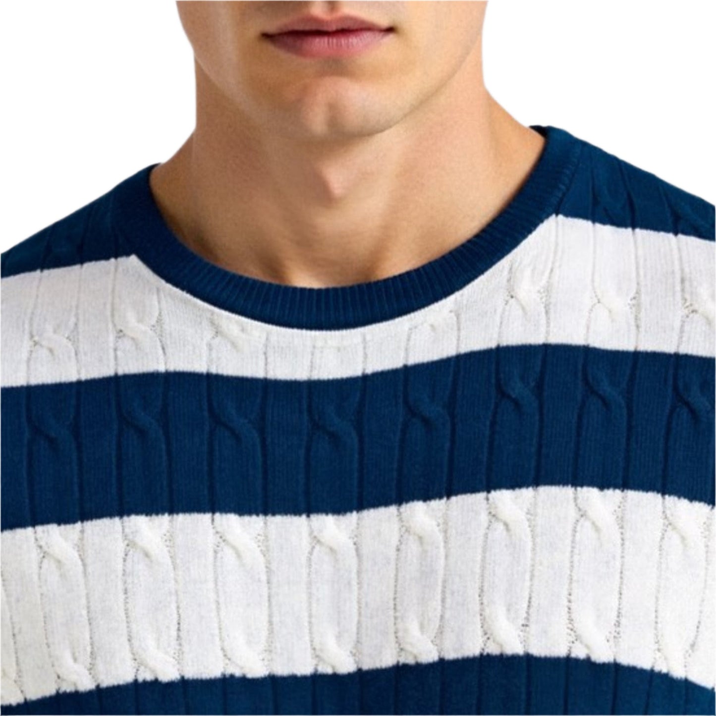 TheighT Crew Neck Cable Knit Striped T-Shirt