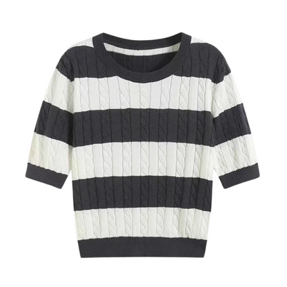 TheighT Crew Neck Cable Knit Striped T-Shirt