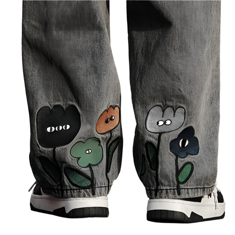 Washed Floral Denim Jeans